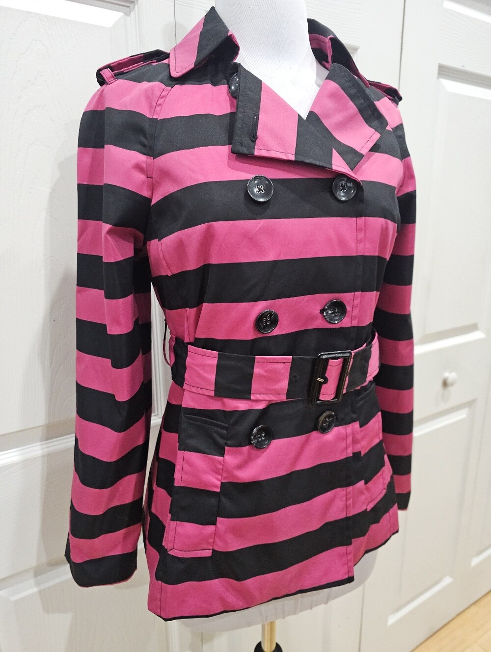 Cynthia Rowley Black Pink Striped Double Bressted Button Rain Jacket Coat Trench - Picture 11 of 16